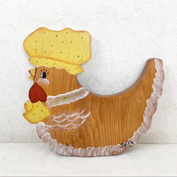 Vintage Other - Vintage Wood Hand Painted Chicken Wall Hanging Hen Wearing Bonnet Farmhouse